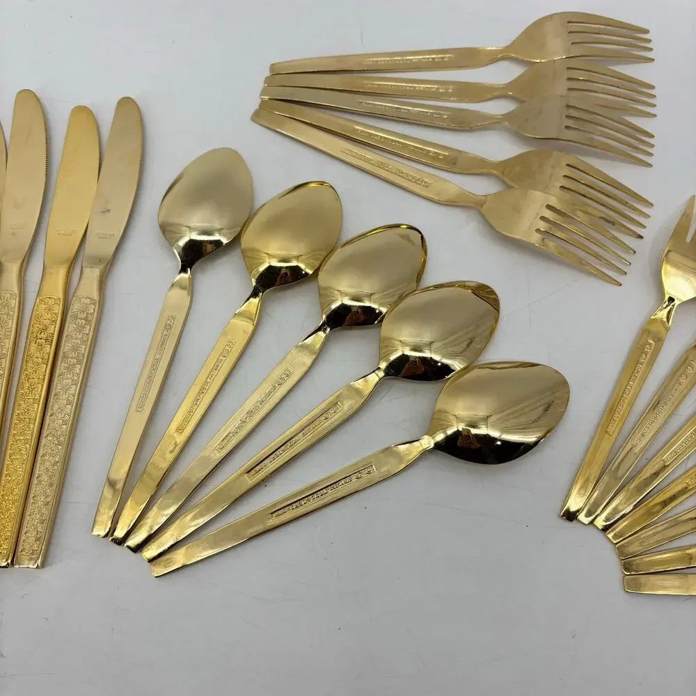 Vtg Thocadero Hollywood Gold Spoons Fork Dinner Knives Korea Stainless